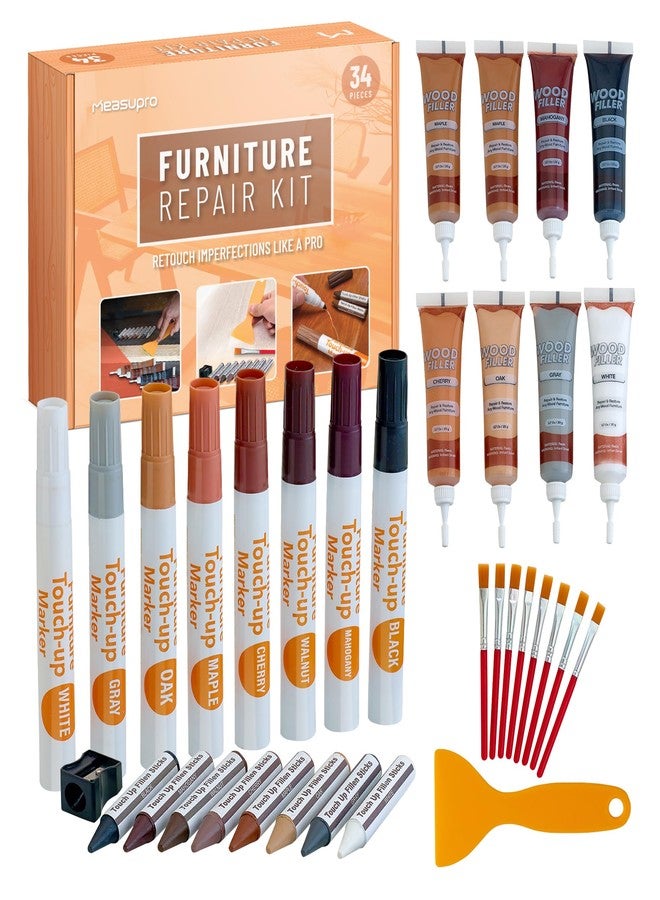 MeasuPro Wood Filler Furniture Markers Touch Up Repair Kit 34 Pieces - Color Match Filler & Scratch Repair Stain Pens for Hardwood Cracks, Holes, Discoloration, Wooden Door, Floor, Cabinet, Table - Image 1